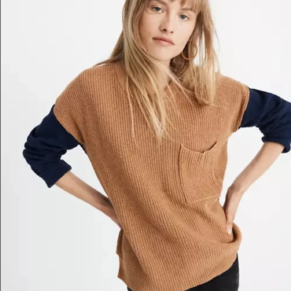 Madewell Tan & Navy Color Block Thompson Pocket Pullover Sweater - Picture 1 of 6